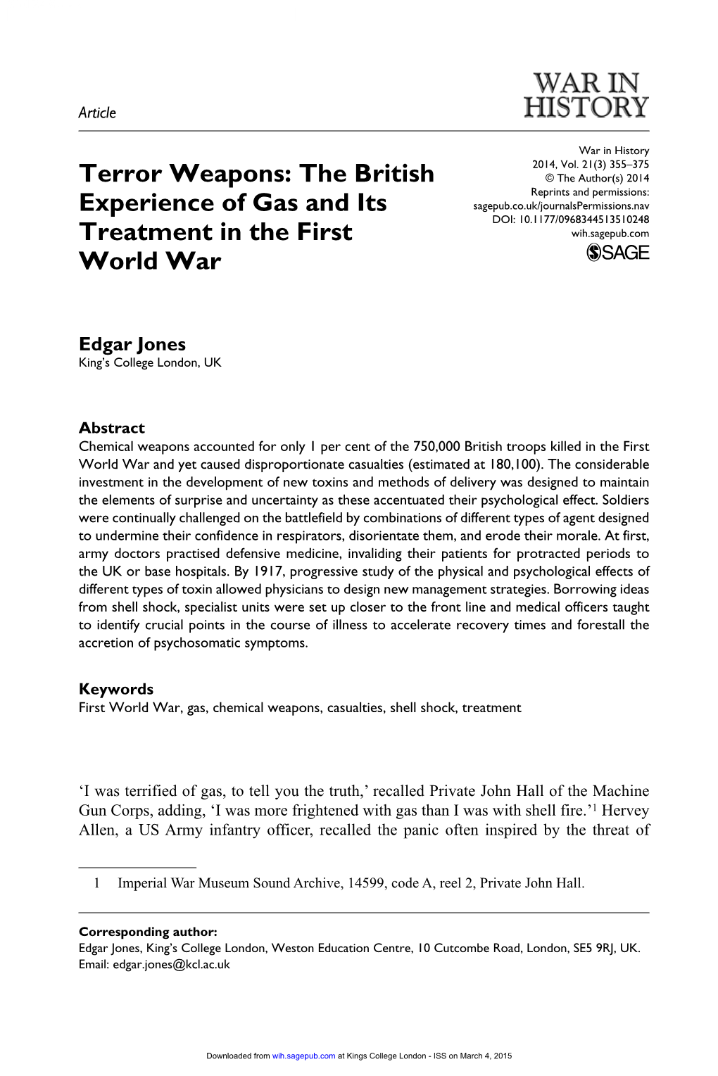 The British Experience of Gas and Its Treatment in the First World