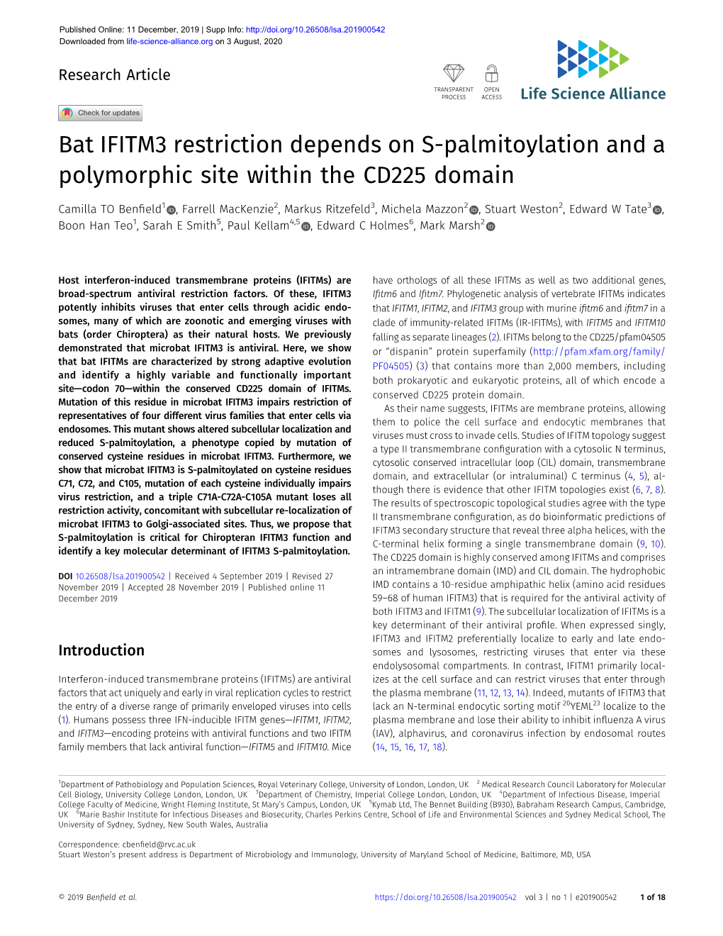 Bat IFITM3 Restriction Depends on S-Palmitoylation and a Polymorphic Site Within the CD225 Domain
