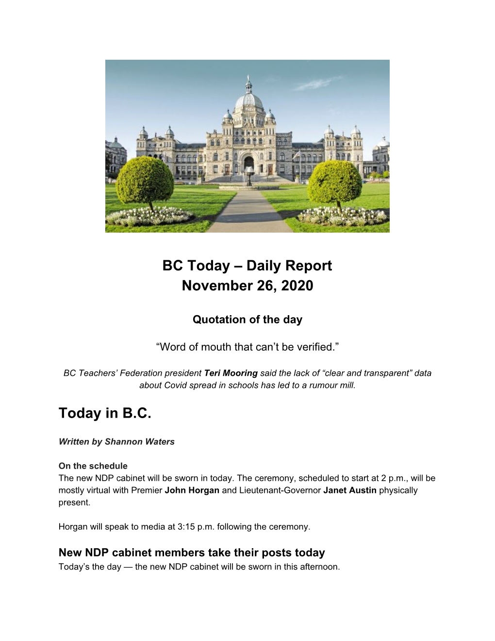 BC Today – Daily Report November 26, 2020 Today