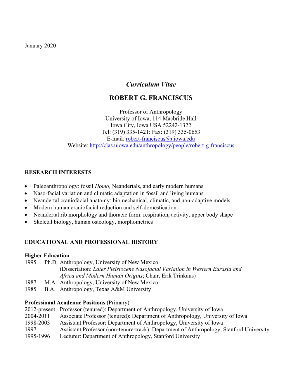 Curriculum Vitae ROBERT G. FRANCISCUS