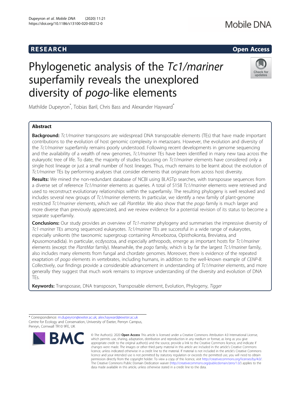 Phylogenetic Analysis of the Tc1/Mariner Superfamily Reveals The