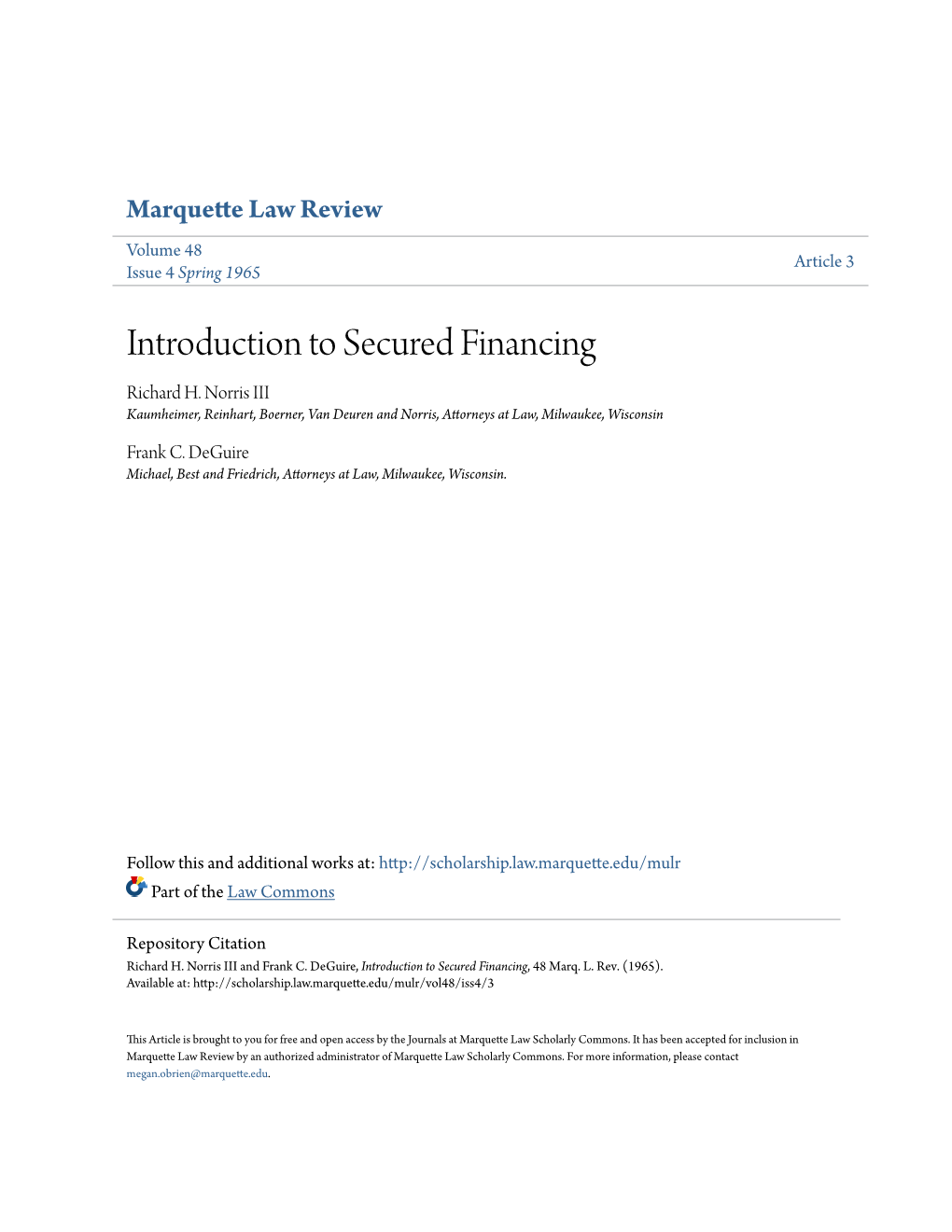 Introduction to Secured Financing Richard H