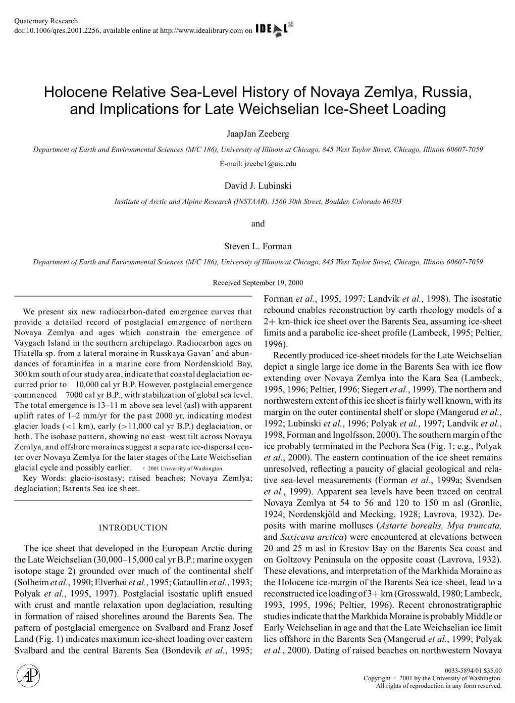 Holocene Relative Sea-Level History of Novaya Zemlya, Russia, and Implications for Late Weichselian Ice-Sheet Loading