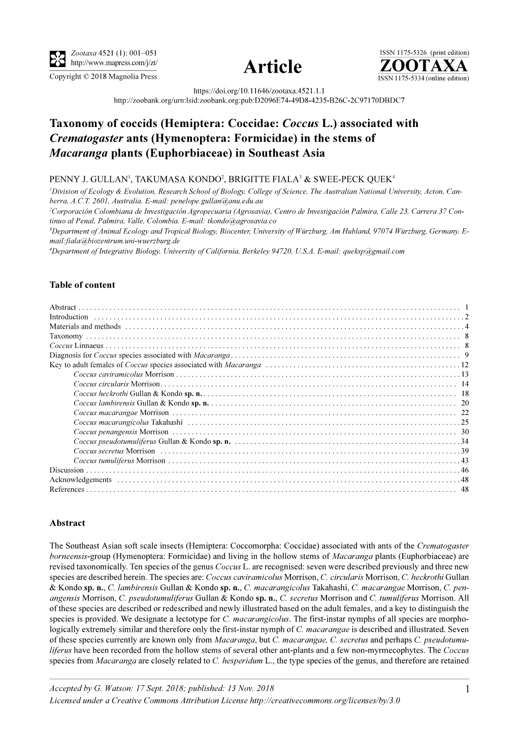 Taxonomy of Coccids (Hemiptera: Coccidae: Coccus L.) Associated with Crematogaster Ants (Hymenoptera: Formicidae) in the Stems O