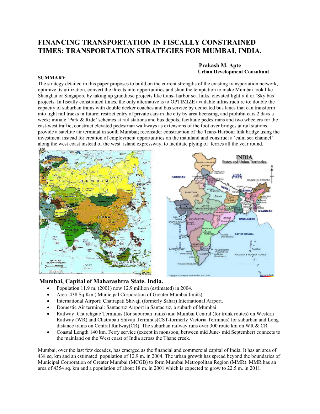 Transportation Strategies for Mumbai, India