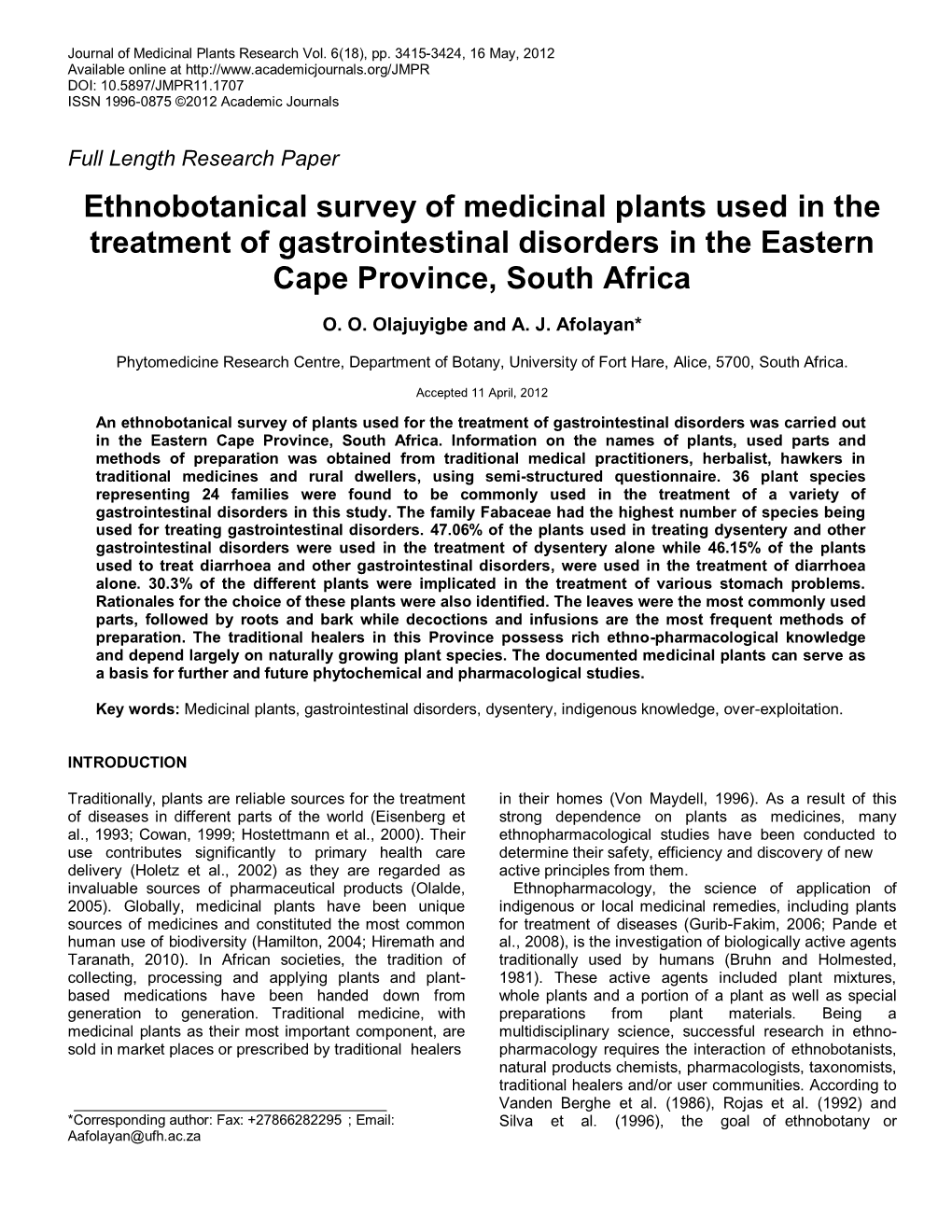 Ethnobotanical Survey of Medicinal Plants Used in the Treatment of Gastrointestinal Disorders in the Eastern Cape Province, South Africa