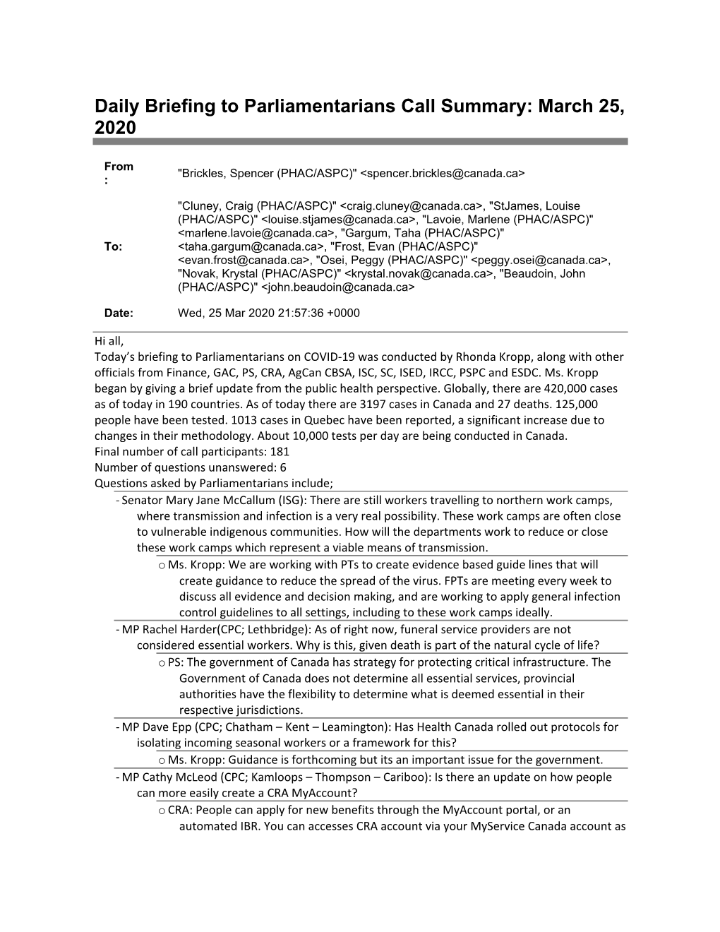 Daily Briefing to Parliamentarians Call Summary: March 25, 2020