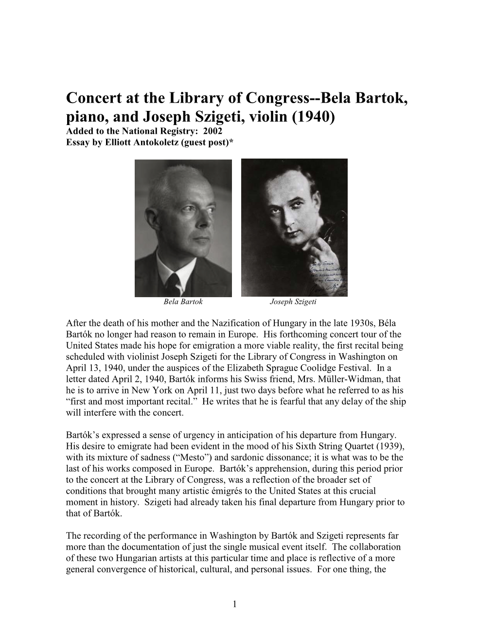 Essay on the Bartok/Szigeti Concert at the Library of Congress