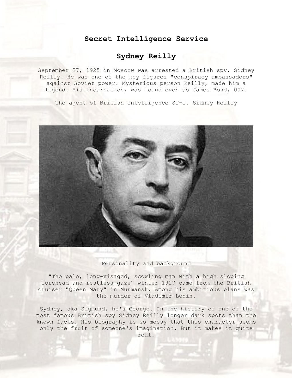 Secret Intelligence Service Sydney Reilly