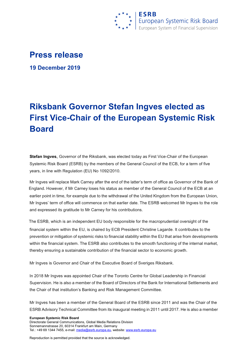 Riksbank Governor Stefan Ingves Elected As First Vice-Chair of the European Systemic Risk Board