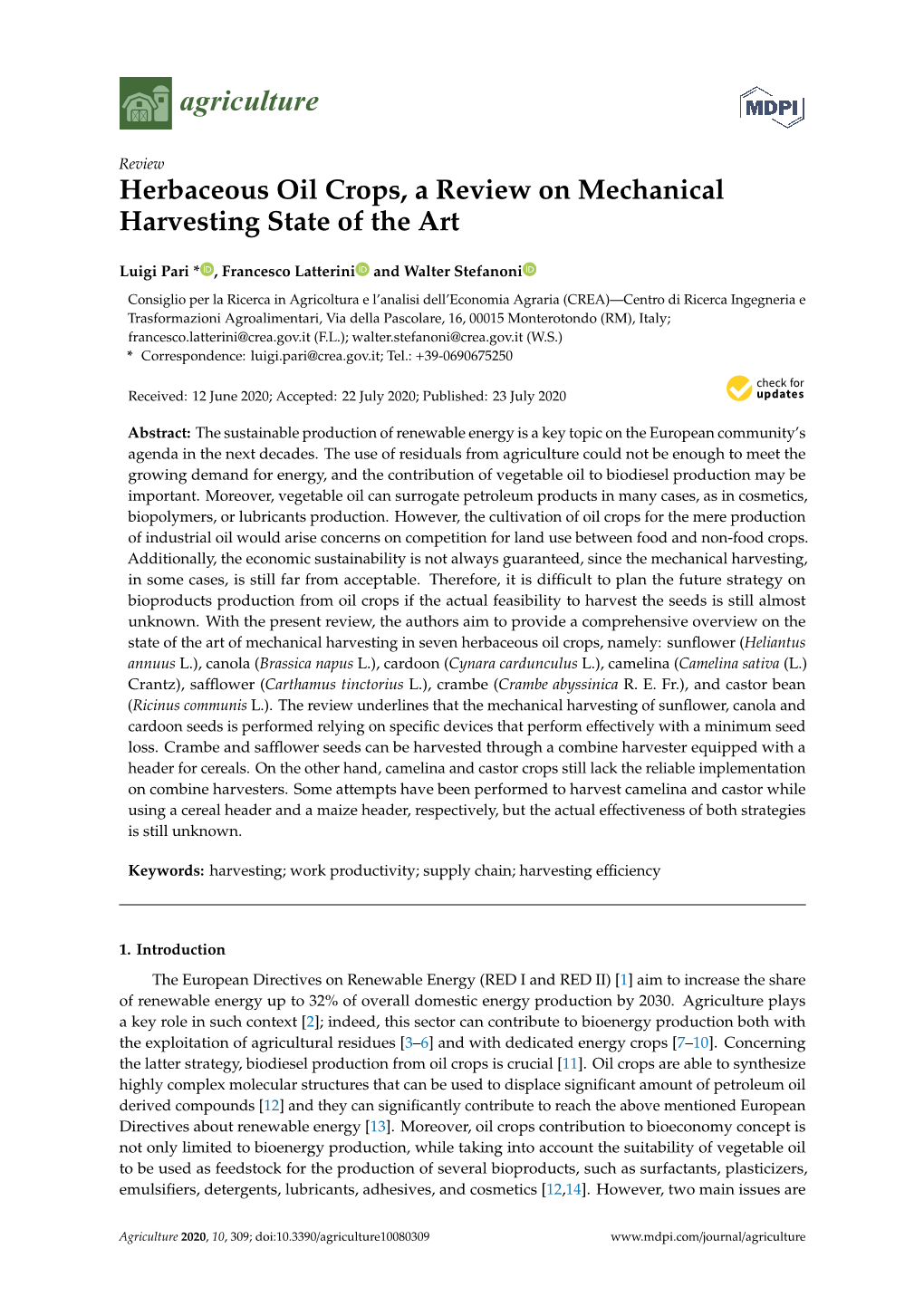 Herbaceous Oil Crops, a Review on Mechanical Harvesting State of the Art