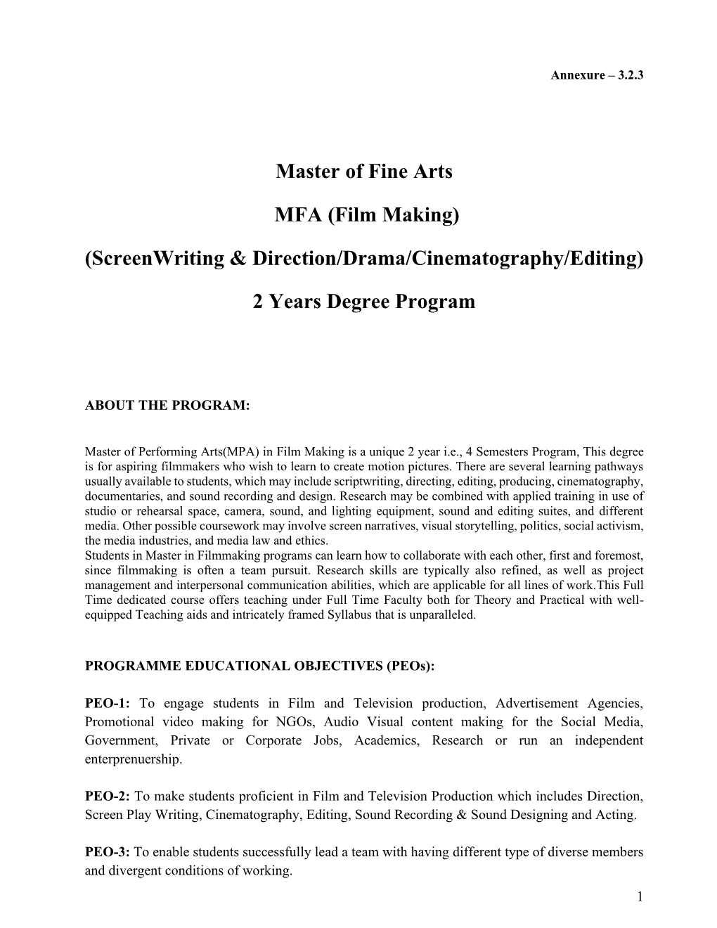 Master of Fine Arts MFA (Film Making) (Screenwriting & Direction/Drama