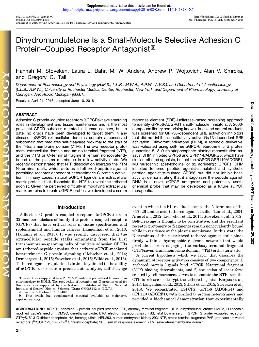 Dihydromunduletone Is a Small-Molecule Selective Adhesion G Protein–Coupled Receptor Antagonist S