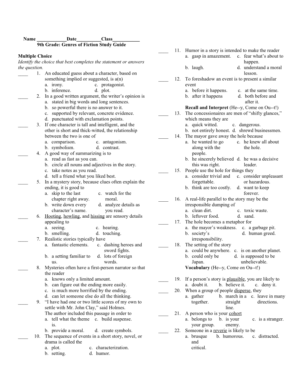 9Th Grade: Genres of Fiction Study Guide