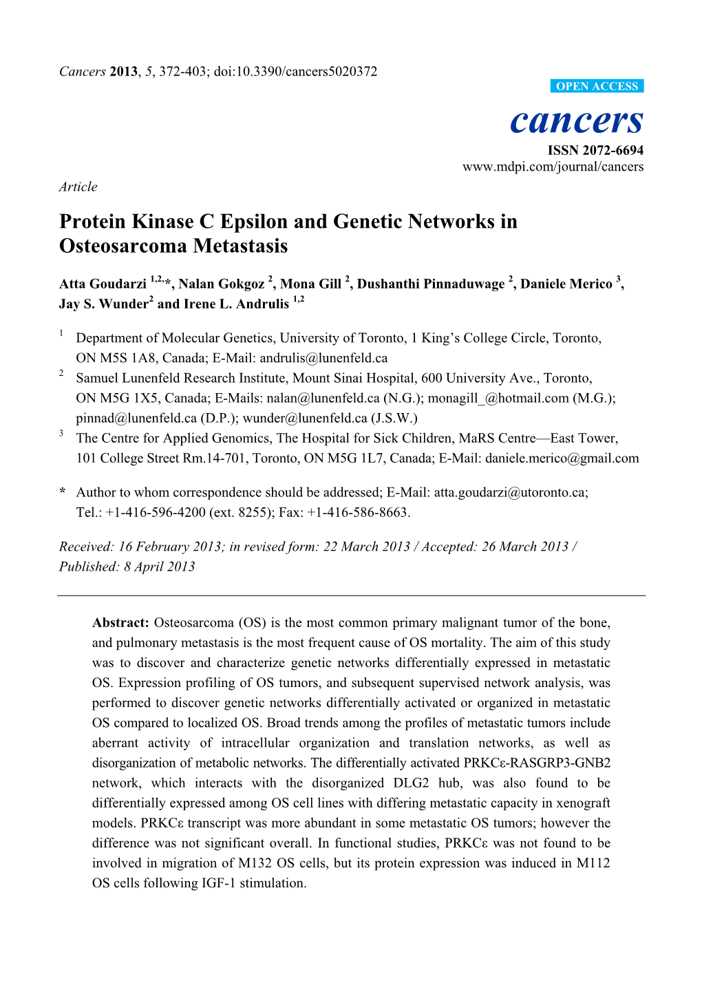 Protein Kinase C Epsilon and Genetic Networks in Osteosarcoma Metastasis