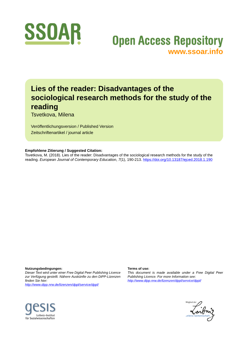 Disadvantages of the Sociological Research Methods for the Study of the Reading Tsvetkova, Milena