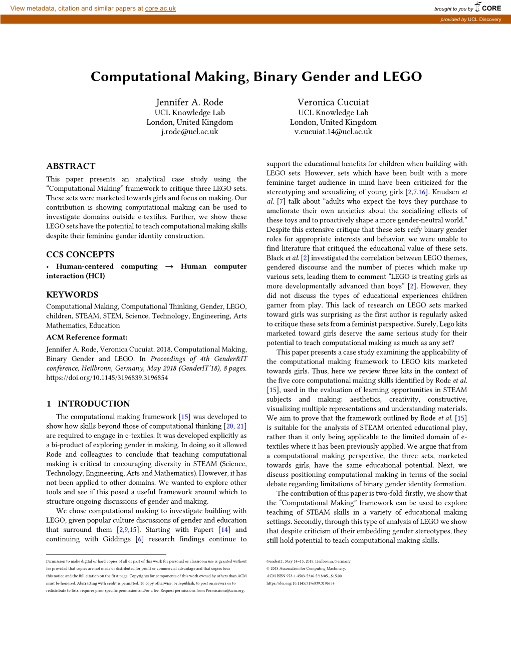 Computational Making, Binary Gender and LEGO