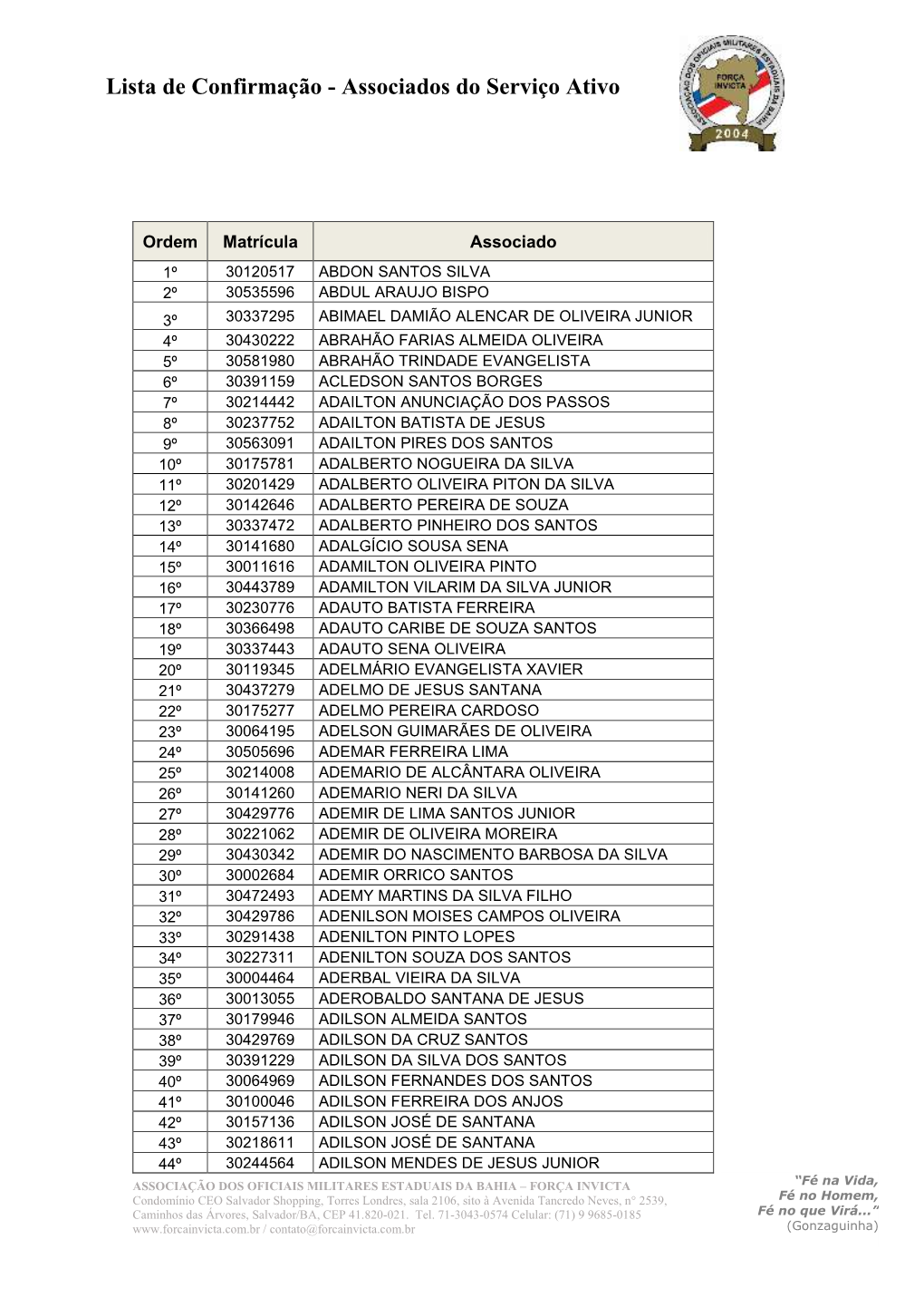 Lista De Confirmação - Associados Do Serviço Ativo