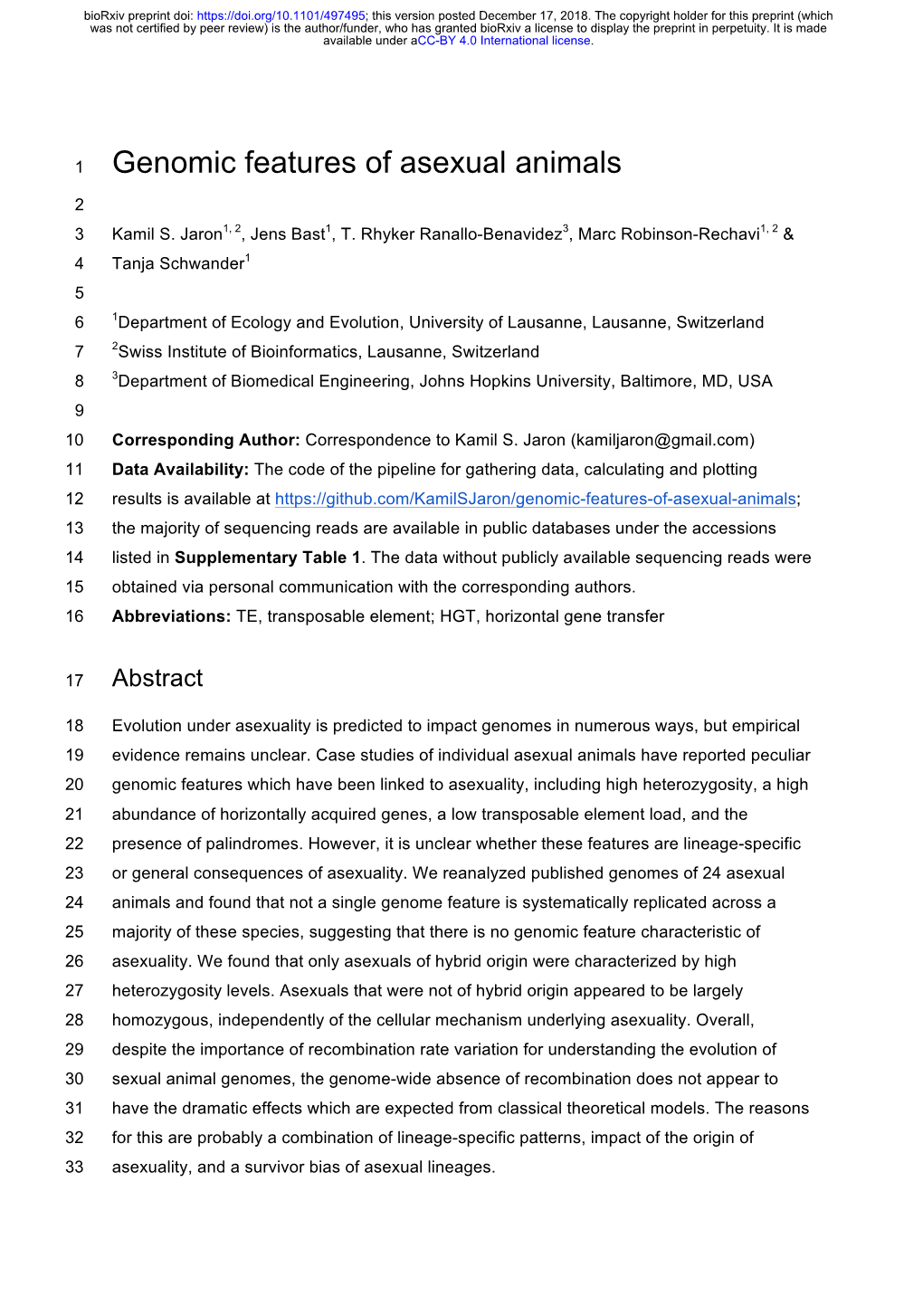 Genomic Features of Asexual Animals