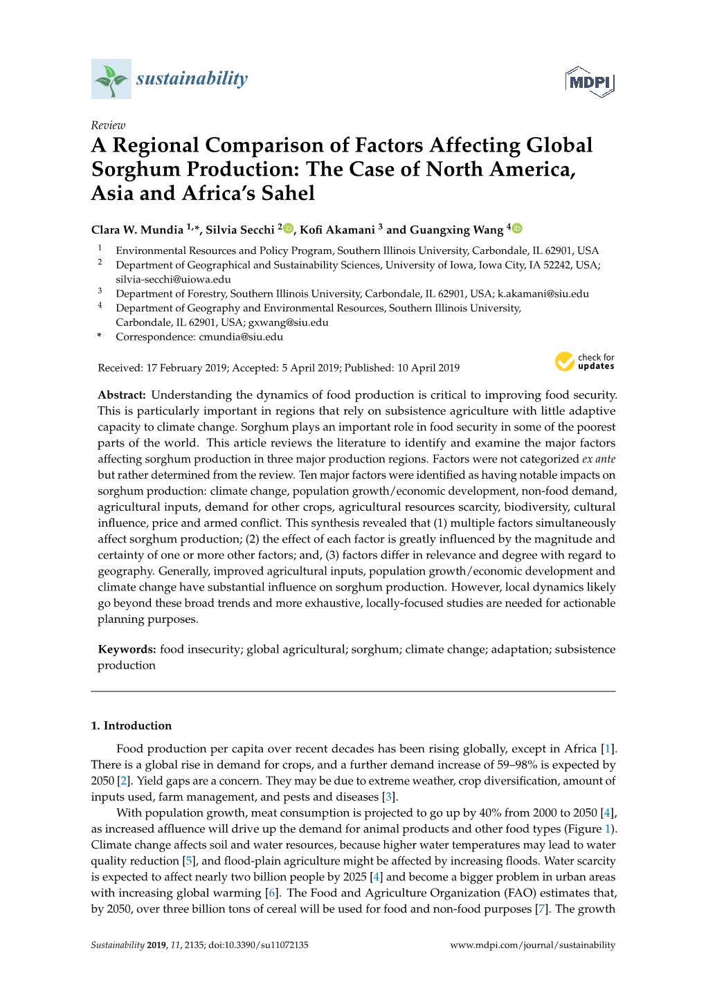 A Regional Comparison of Factors Affecting Global Sorghum Production: the Case of North America, Asia and Africa’S Sahel