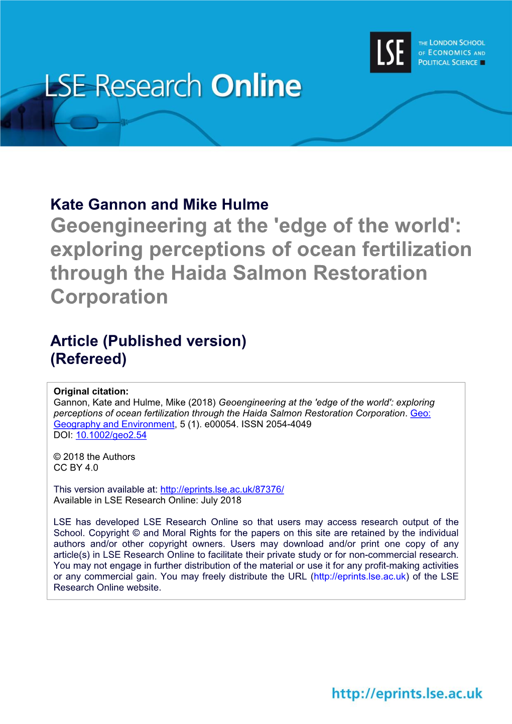 Exploring Perceptions of Ocean Fertilization Through the Haida Salmon Restoration Corporation