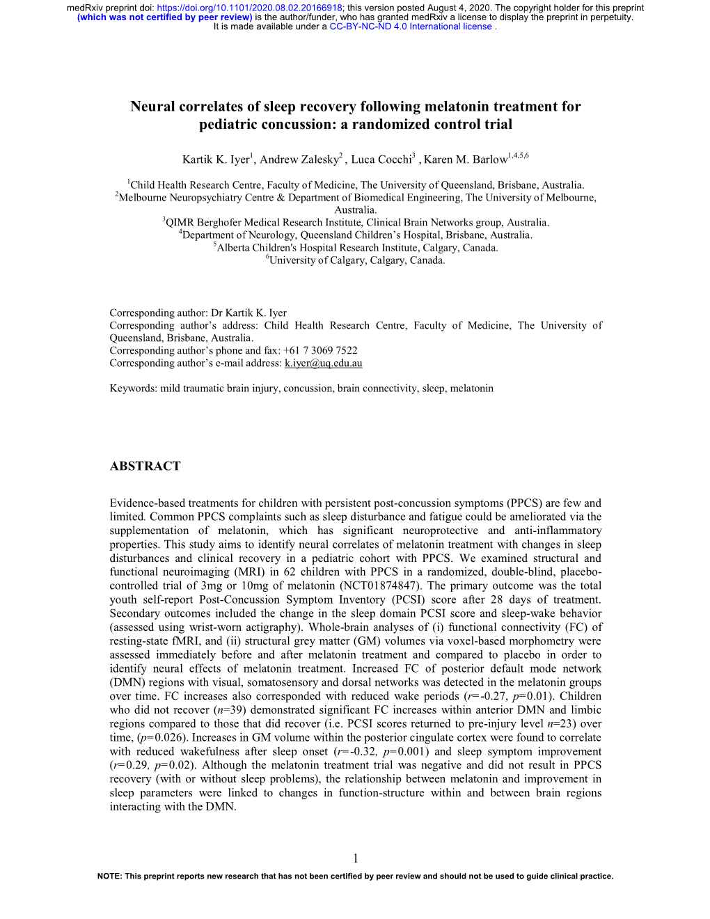 Neural Correlates of Sleep Recovery Following Melatonin Treatment for Pediatric Concussion: a Randomized Control Trial