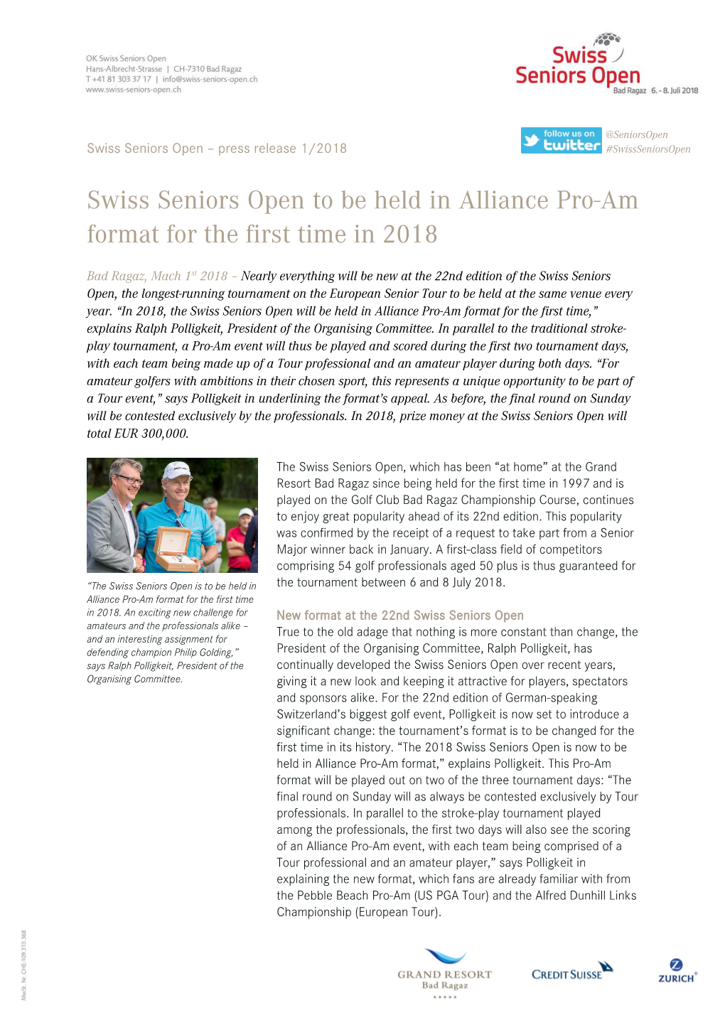 Swiss Seniors Open to Be Held in Alliance Pro-Am Format for the First Time in 2018