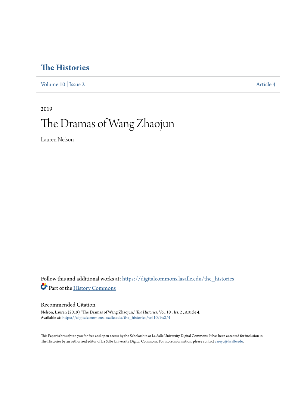 The Dramas of Wang Zhaojun Lauren Nelson