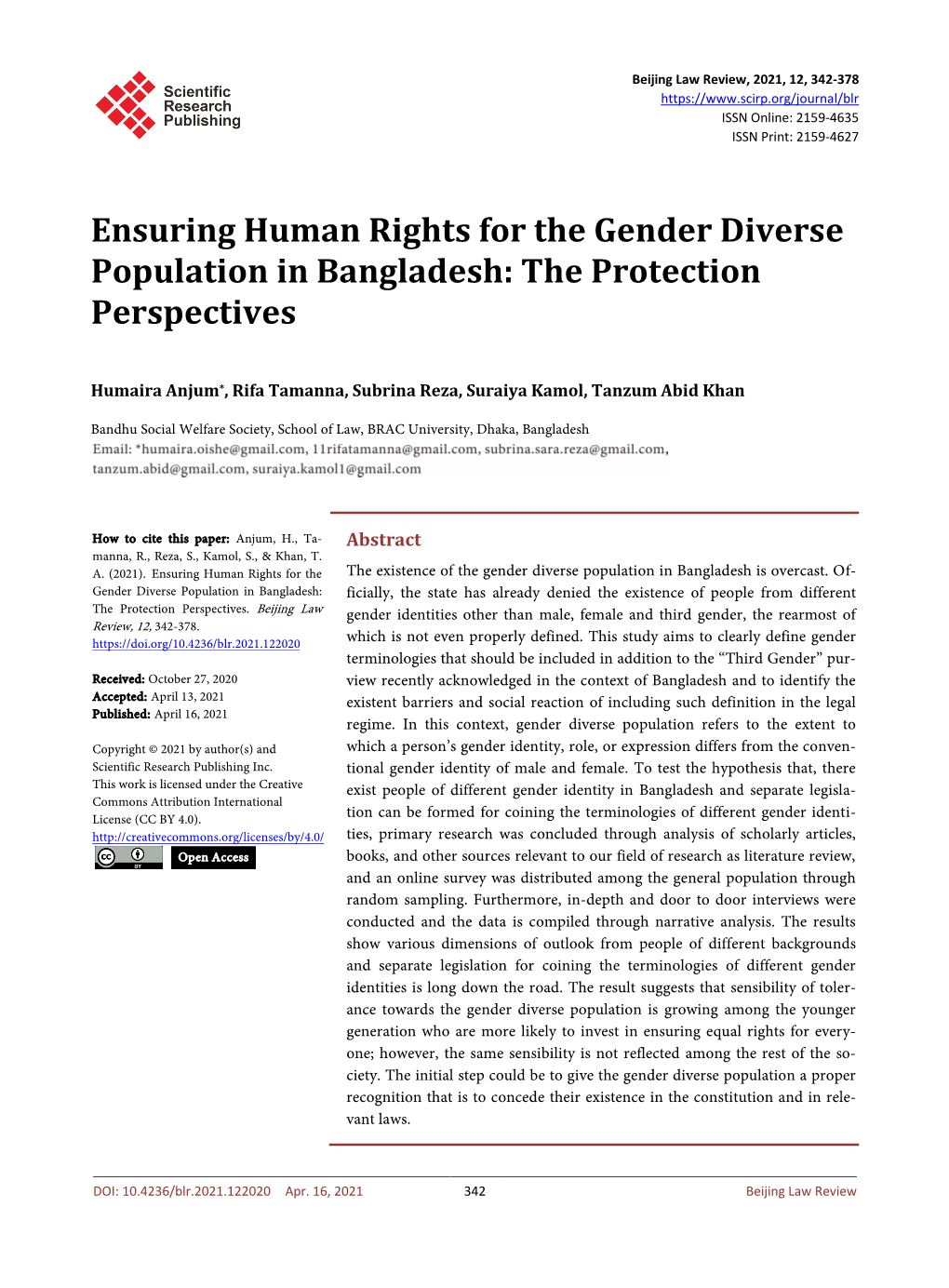 Ensuring Human Rights for the Gender Diverse Population in Bangladesh: the Protection Perspectives