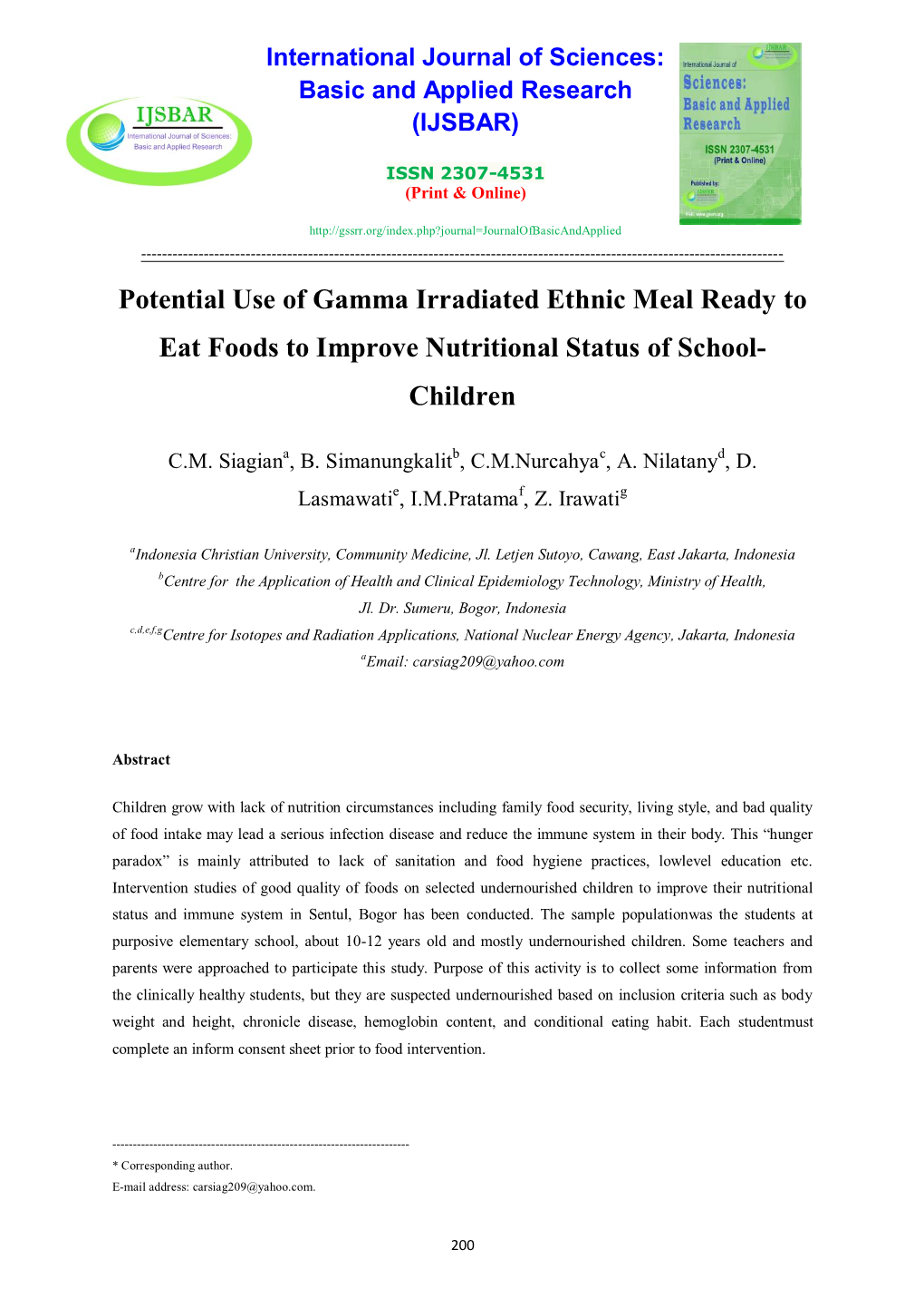 Potential Use of Gamma Irradiated Ethnic Meal Ready to Eat Foods to Improve Nutritional Status of School- Children
