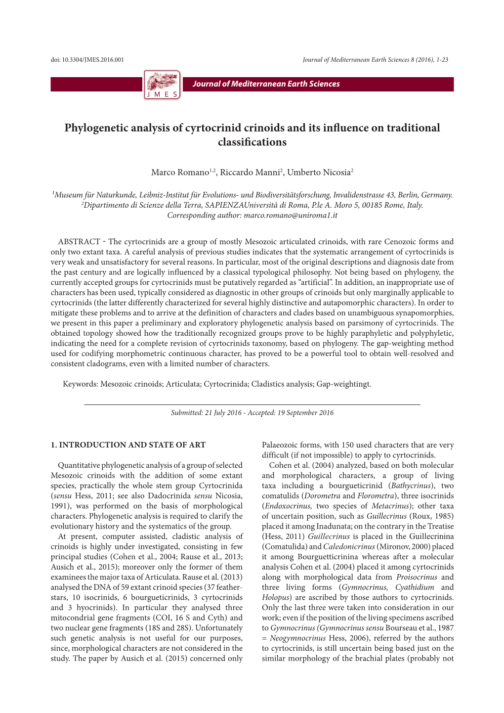 Phylogenetic Analysis of Cyrtocrinid Crinoids and Its Influence on Traditional Classifications