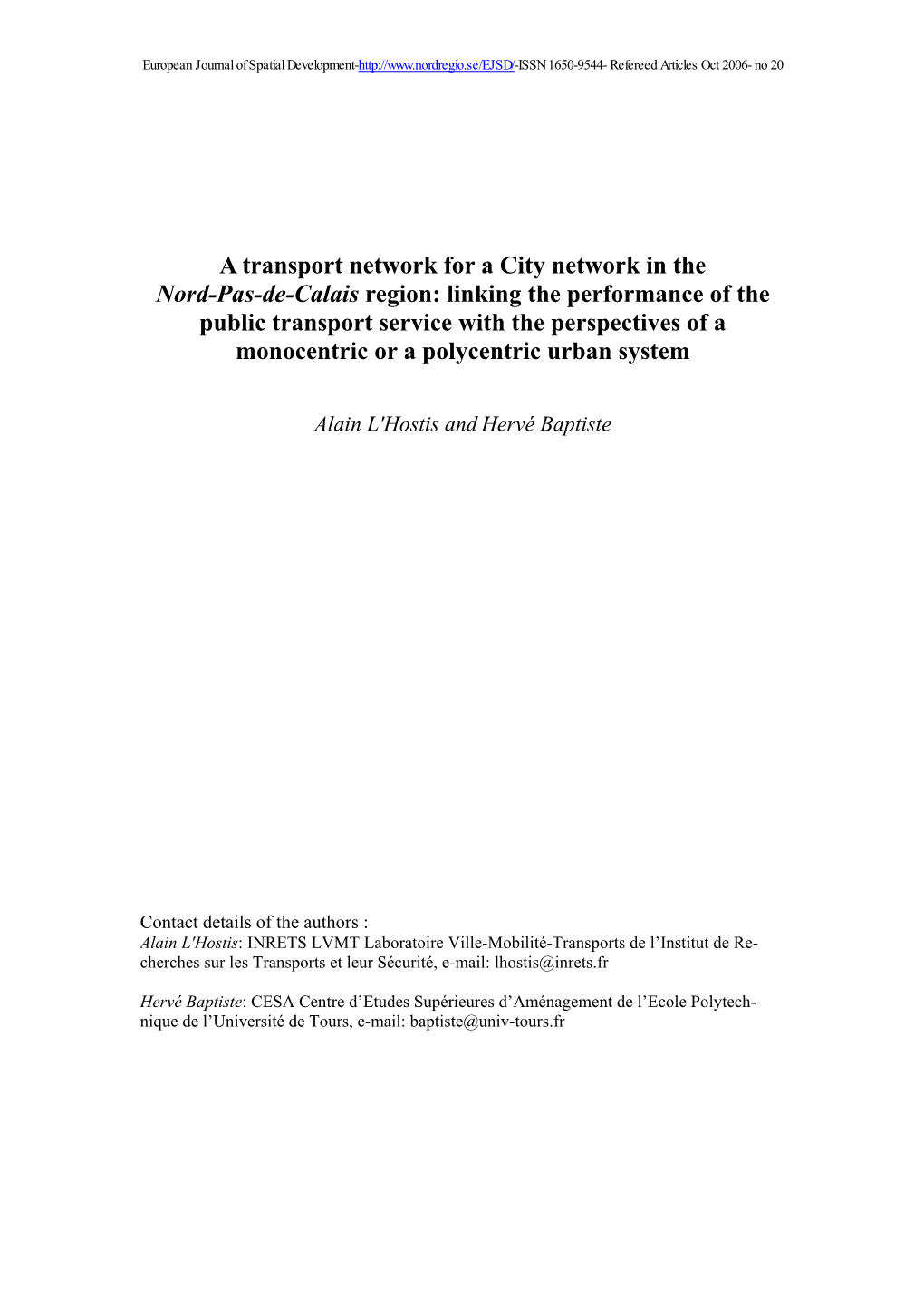 A Transport Network for a City Network in the Nord-Pas-De-Calais Region