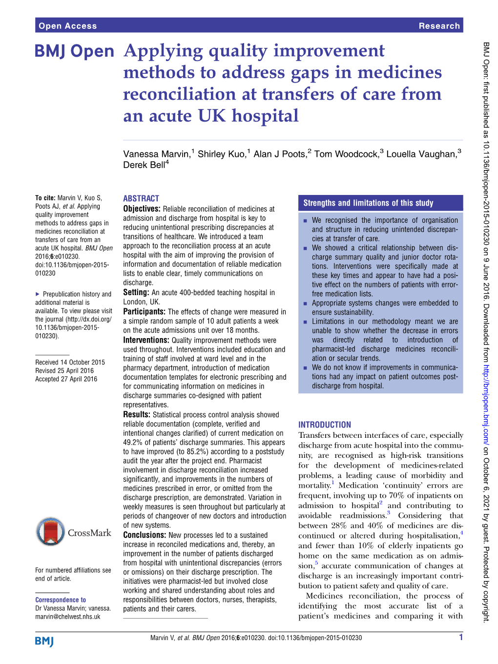 Applying Quality Improvement Methods to Address Gaps in Medicines Reconciliation at Transfers of Care from an Acute UK Hospital