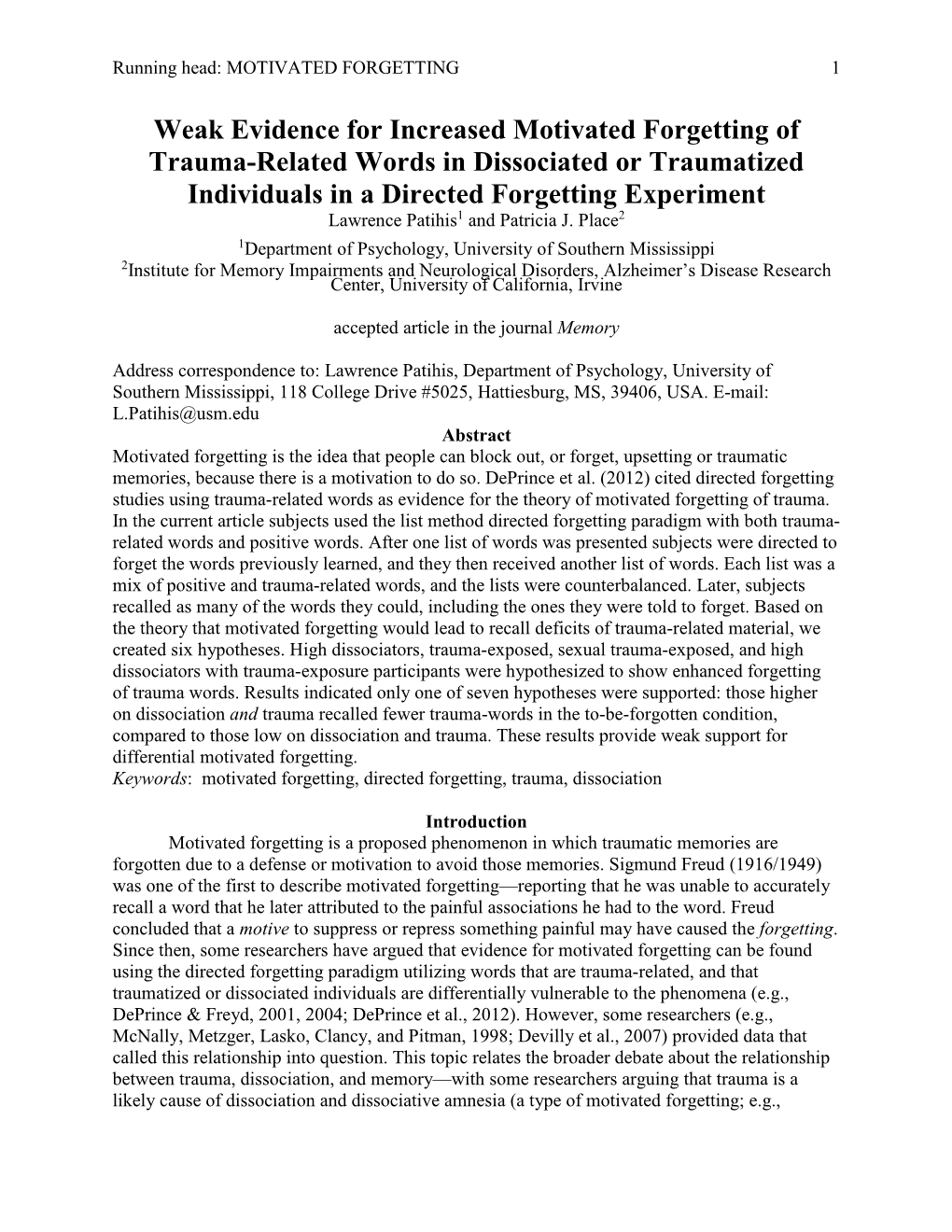 Weak Evidence for Increased Motivated Forgetting of Trauma-Related Words in Dissociated Or Traumatized Individuals in a Directed Forgetting Experiment