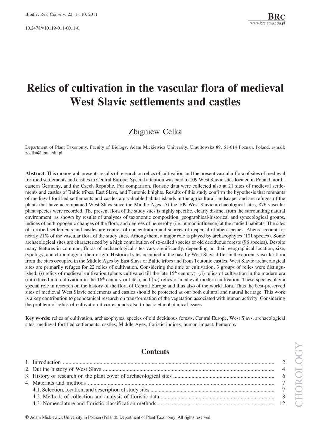 Relics of Cultivation in the Vascular Flora of Medieval West Slavic Settlements and Castles