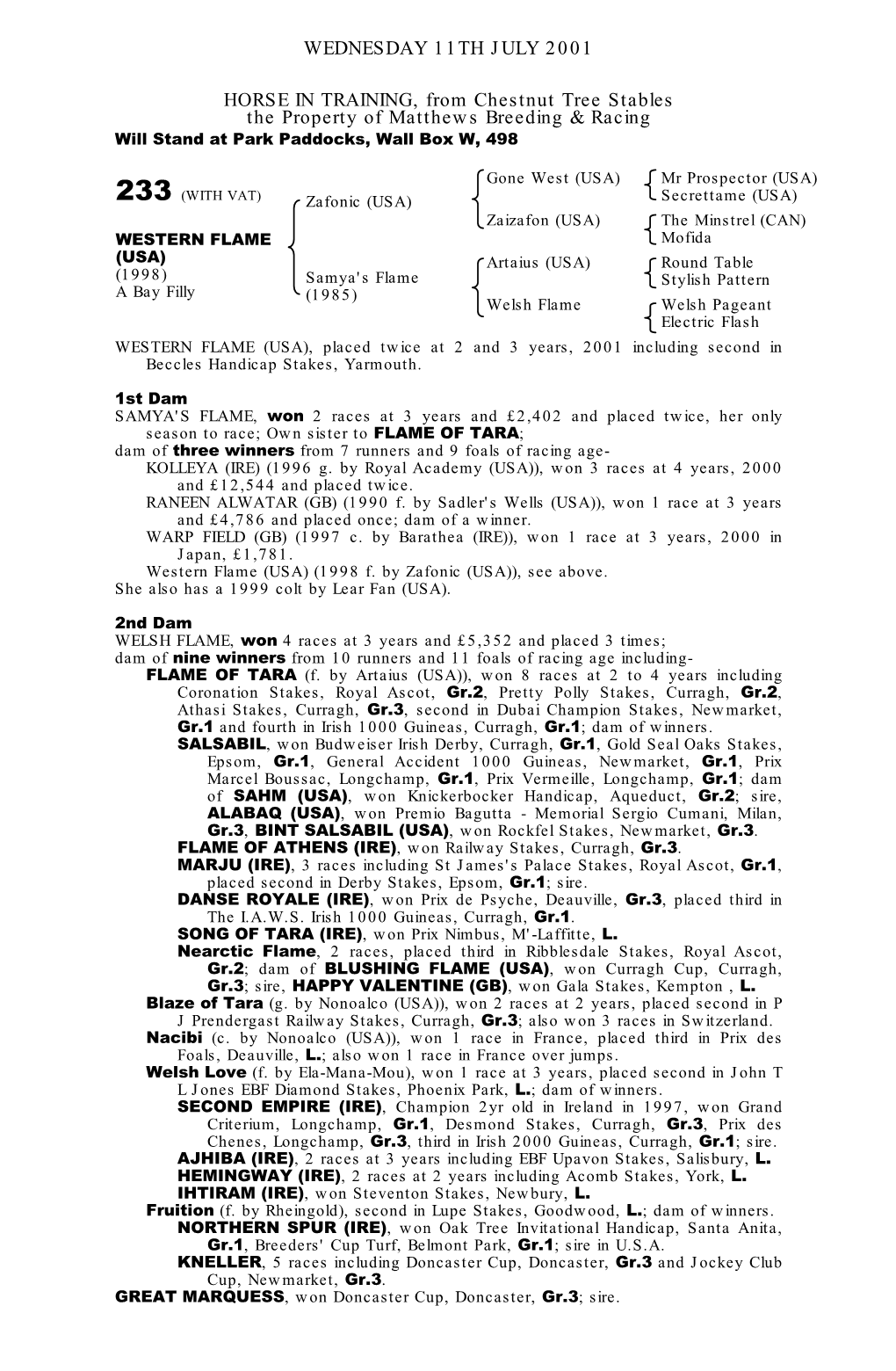 WEDNESDAY 11TH JULY 2001 HORSE in TRAINING, from Chestnut Tree Stables the Property of Matthews Breeding & Racing