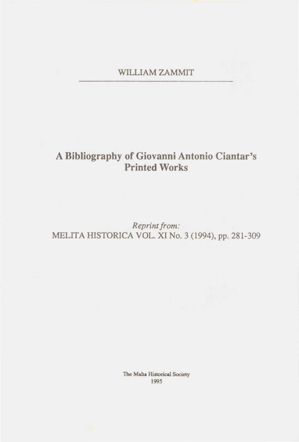 A Bibliography of Giovanni Antonio Ciantar's Printed Works