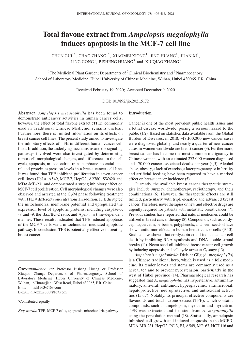 Total Flavone Extract from Ampelopsis Megalophylla Induces Apoptosis in the MCF‑7 Cell Line