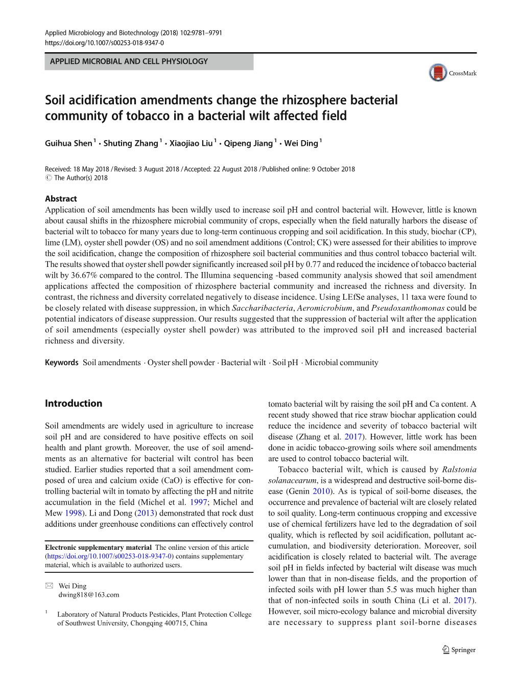 Soil Acidification Amendments Change the Rhizosphere Bacterial Community of Tobacco in a Bacterial Wilt Affected Field