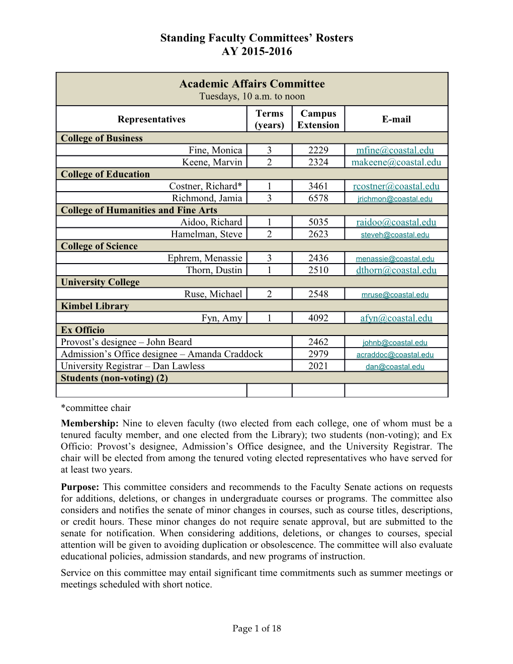 Standing Faculty Committees Rosters