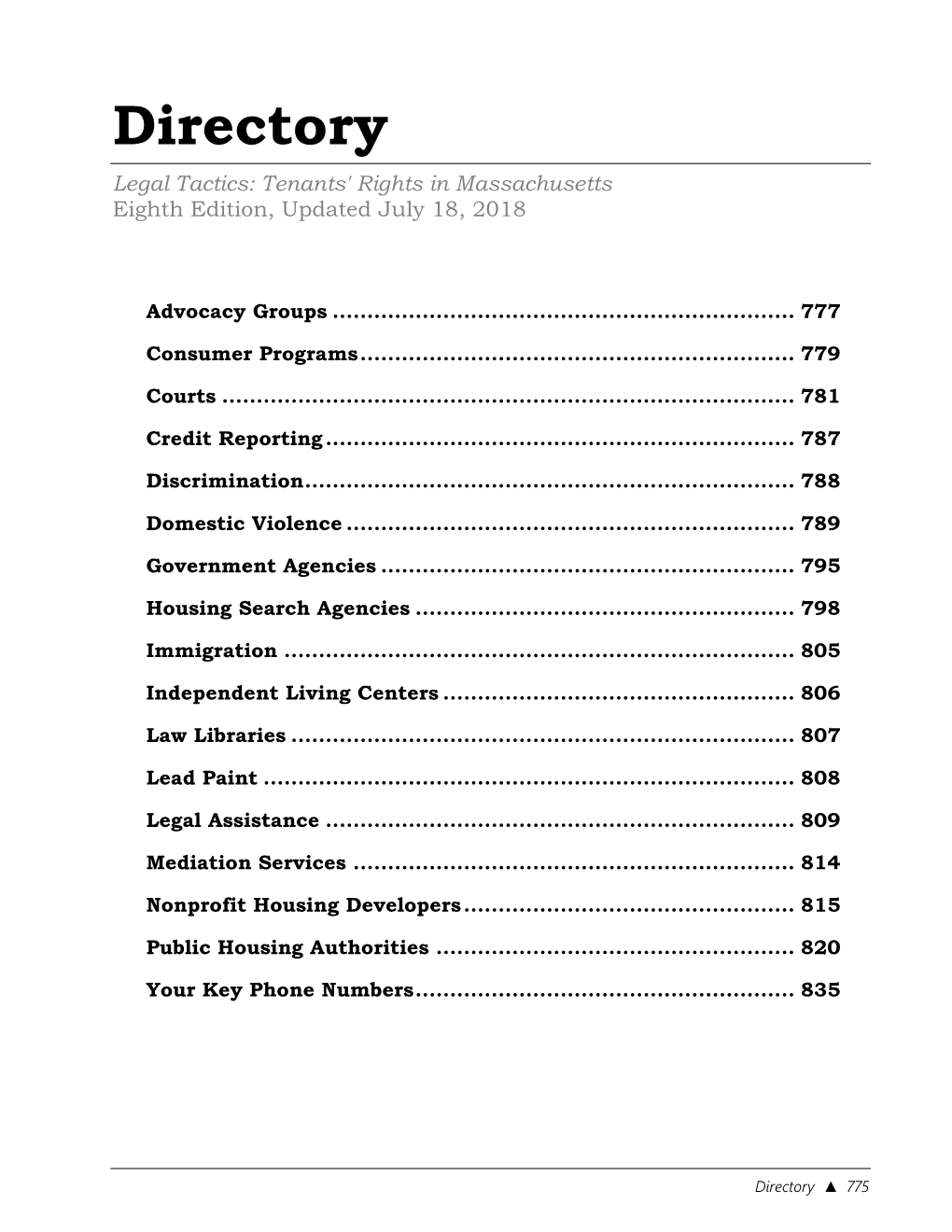 Directory Legal Tactics: Tenants' Rights in Massachusetts Eighth Edition, Updated July 18, 2018