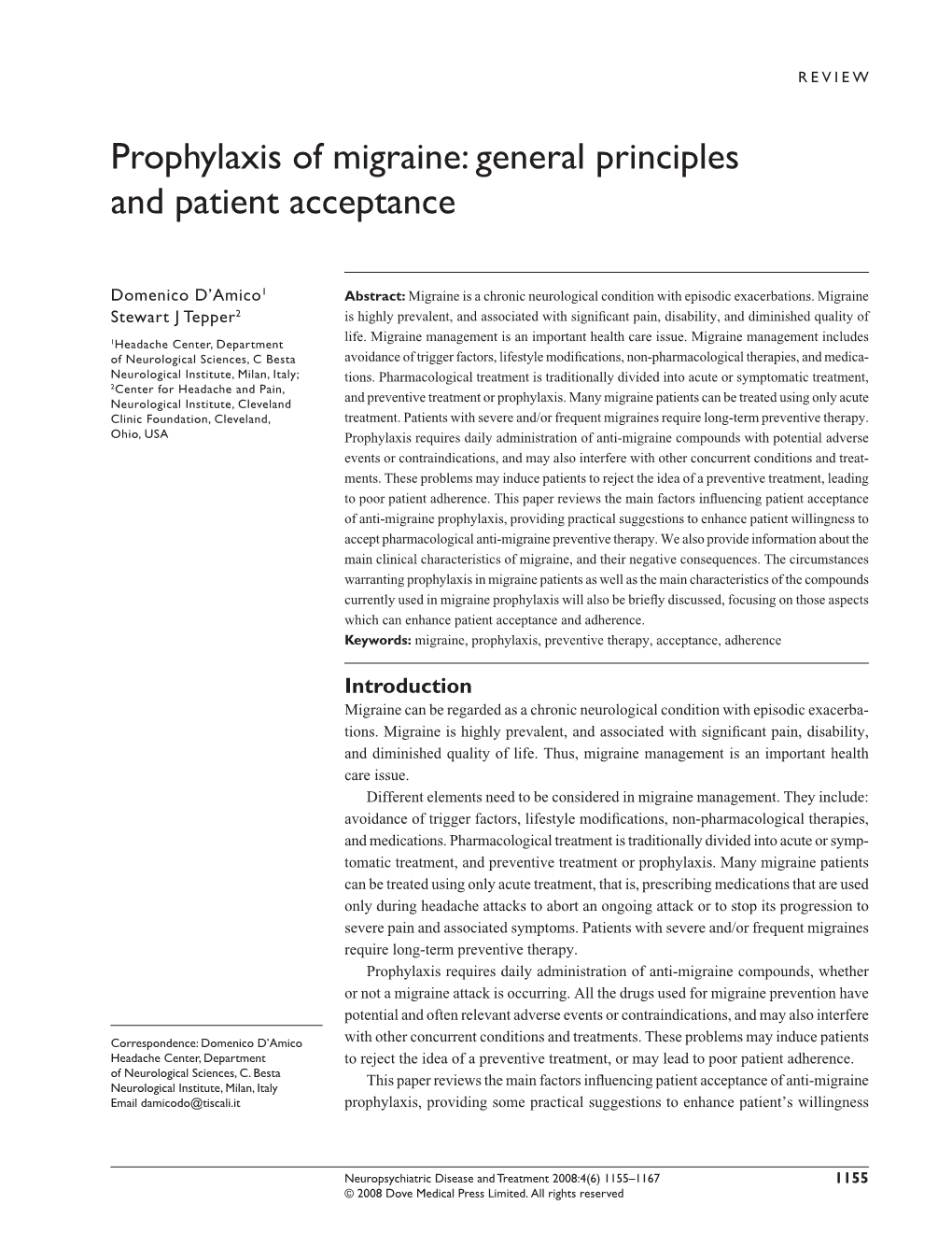 Prophylaxis of Migraine: General Principles and Patient Acceptance