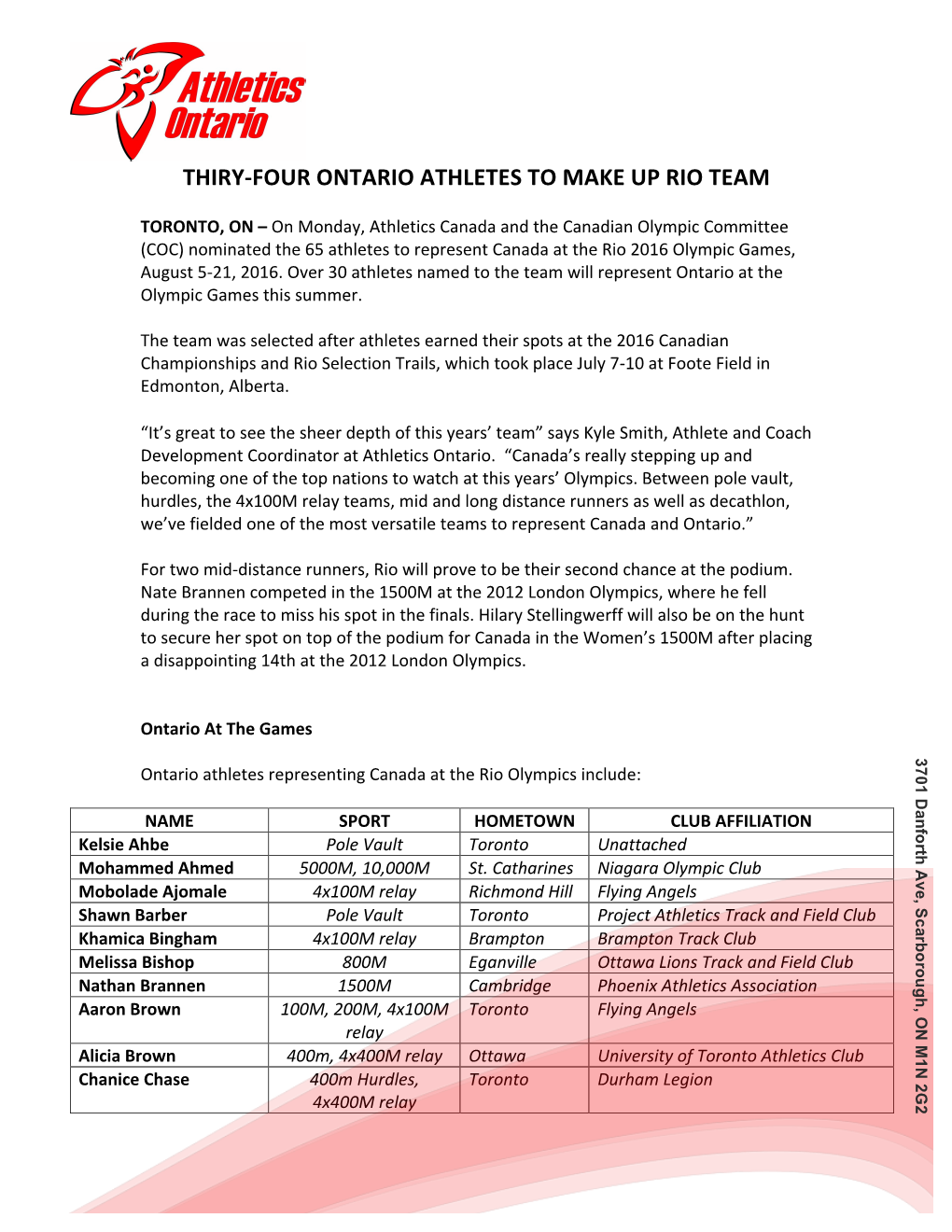 Thiry-Four Ontario Athletes to Make up Rio Team