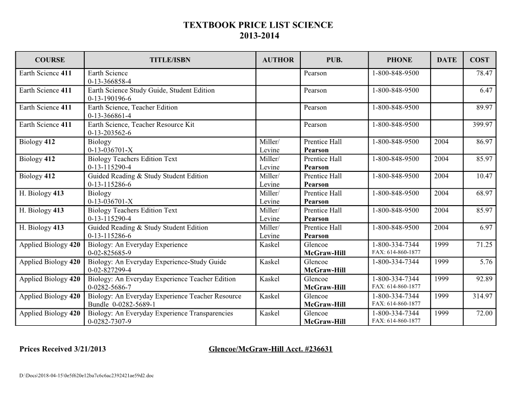 Textbook Price List Science