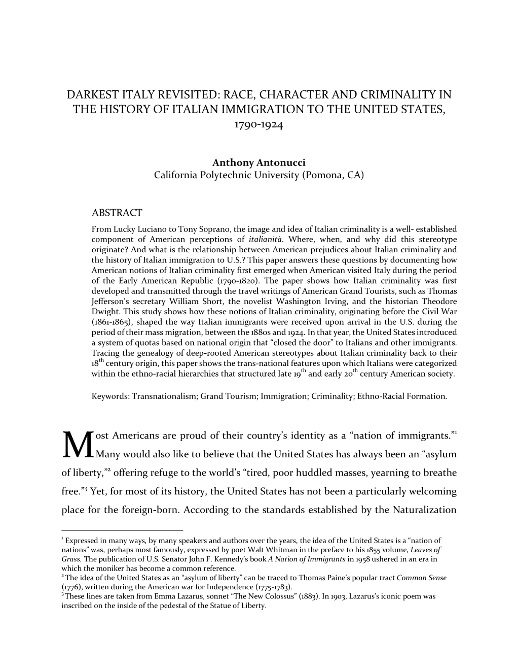 Race, Character and Criminality in the History of Italian Immigration to the United States, 1790-1924