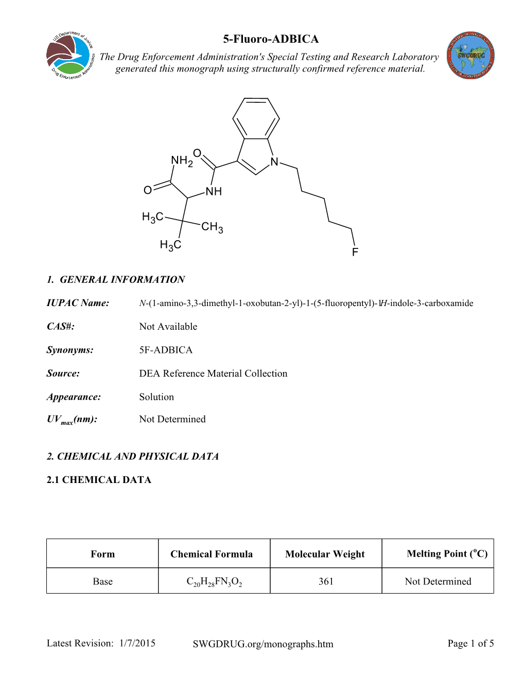 5-Fluoro-ADBICA the Drug Enforcement Administration's Special Testing and Research Laboratory Generated This Monograph Using Structurally Confirmed Reference Material
