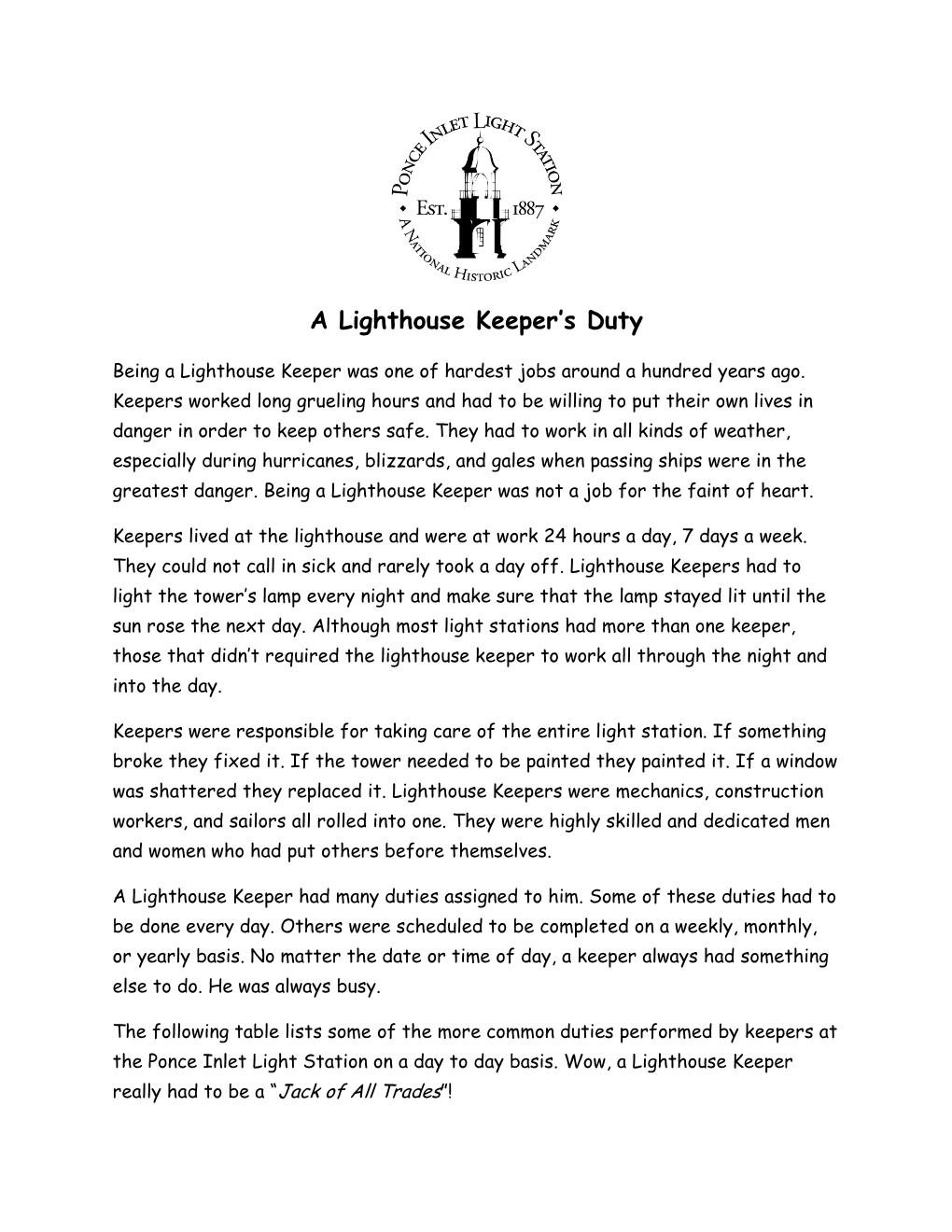 A Lighthouse Keeper's Duty