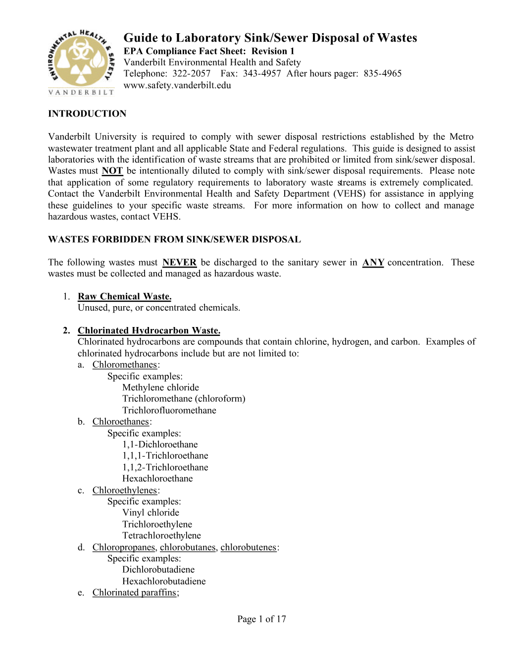 Guide to Laboratory Sink/Sewer Disposal of Wastes