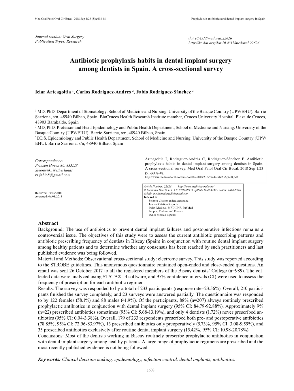 Antibiotic Prophylaxis Habits in Dental Implant Surgery Among Dentists in Spain. a Cross-Sectional Survey
