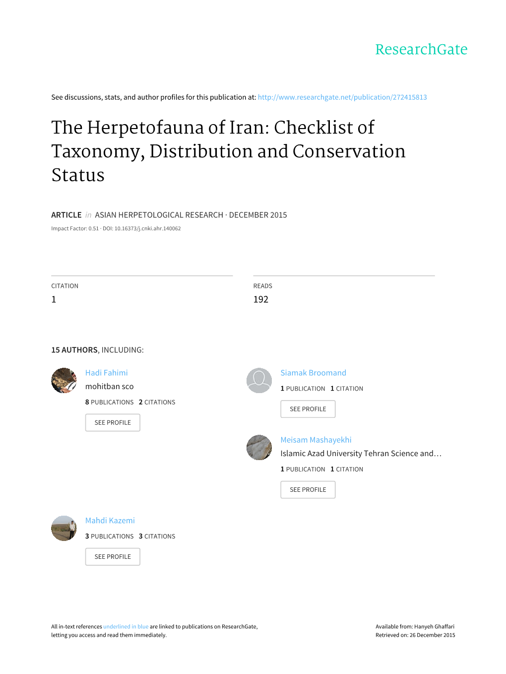 The Herpetofauna of Iran: Checklist of Taxonomy, Distribution and Conservation Status